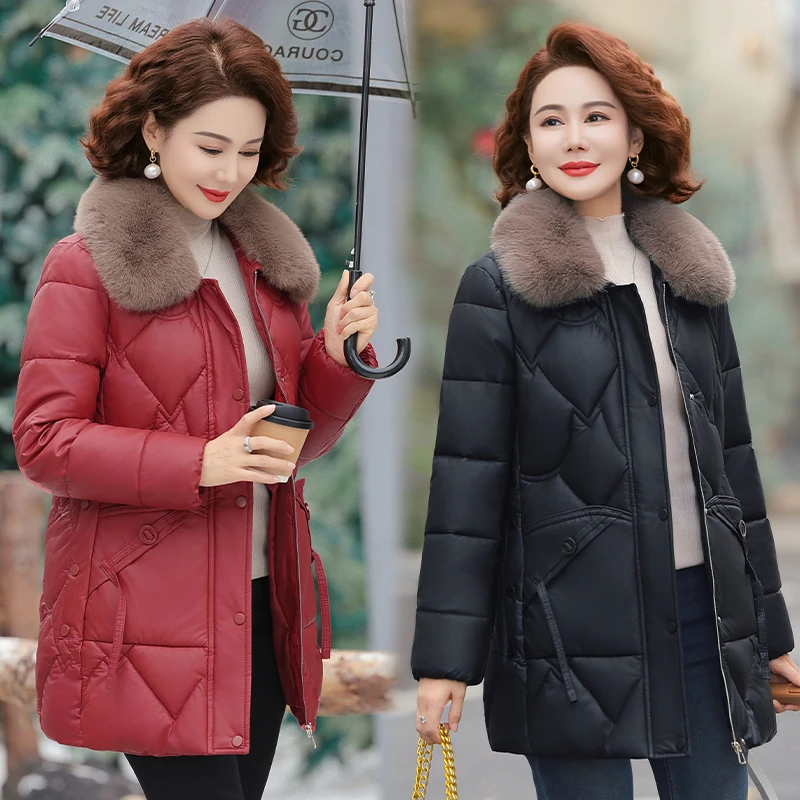 本命年洋气妈妈皮衣冬装毛领棉服加厚棉袄中老年女装秋冬棉衣外套