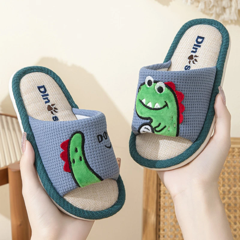 春秋儿童亚麻拖鞋男童家用防滑卡通恐龙宝宝居家拖鞋防臭吸汗夏季