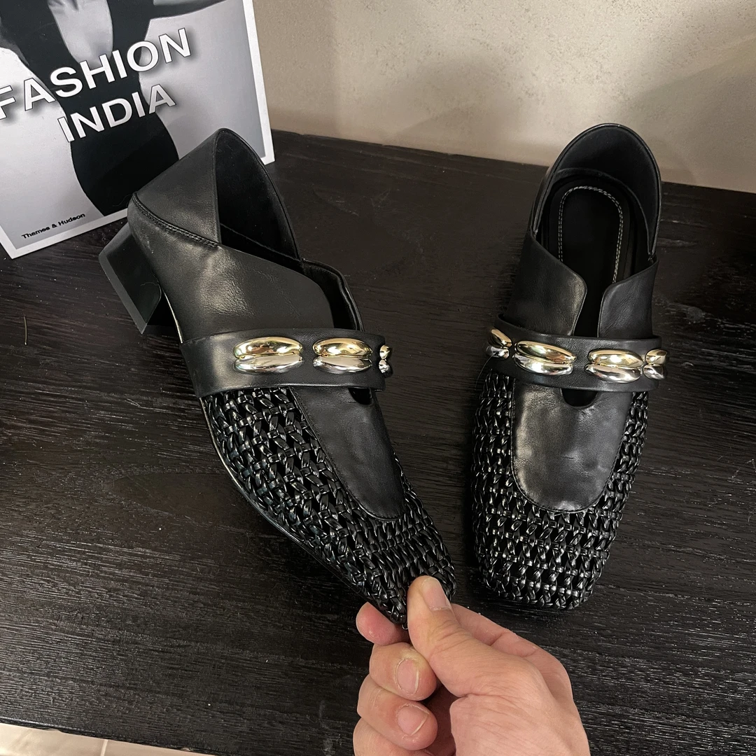 专属李大龙20003牛皮3cm/时尚镂空夏季透气百搭粗跟单鞋女方头