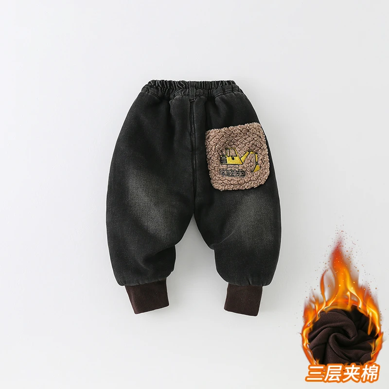【千寻】儿童牛仔裤冬季2024新款男童洋气卡通刺绣保暖裤子AK1016