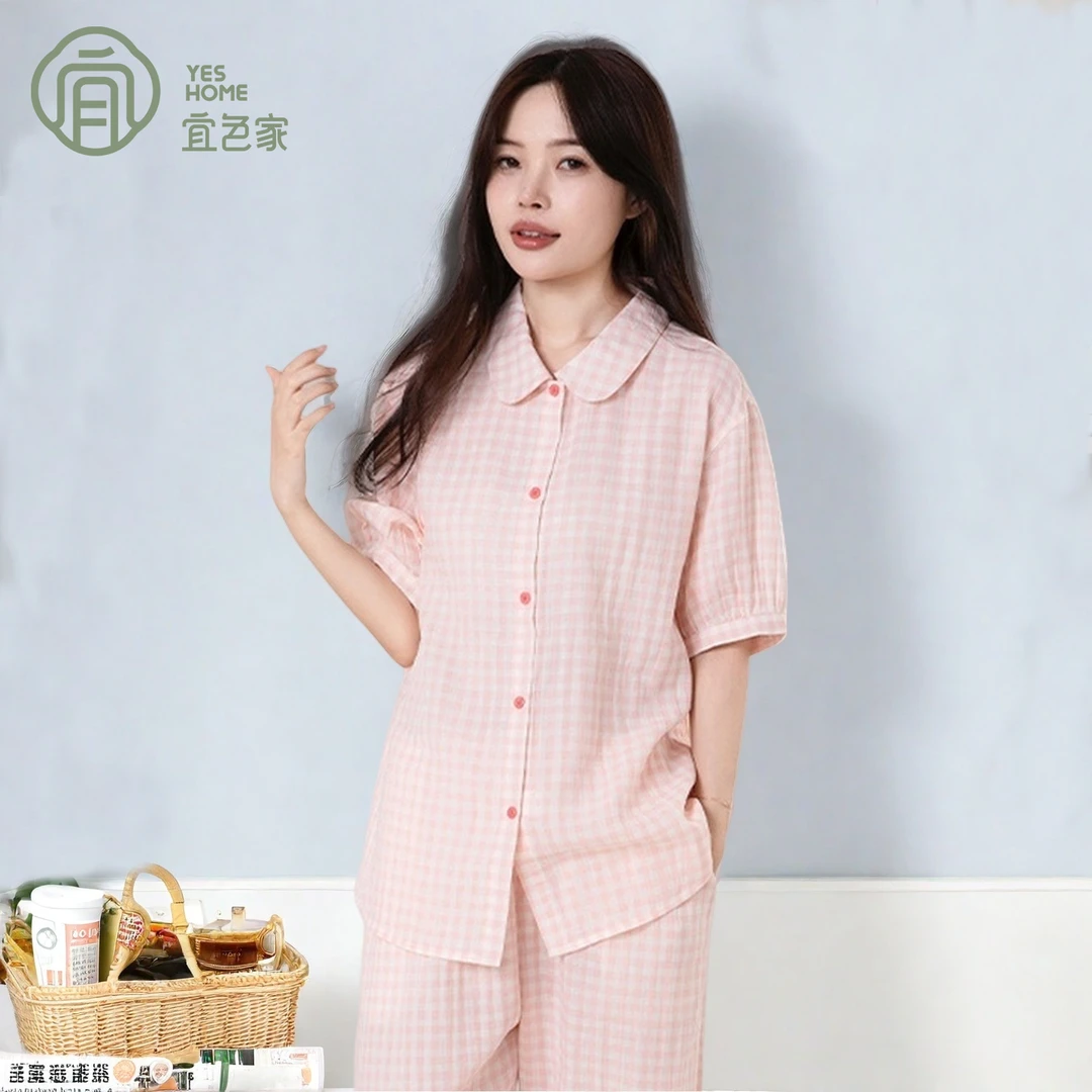 宜色家情侣夏季女睡衣2025新款纯棉中老年薄款宽松短袖家居服套装