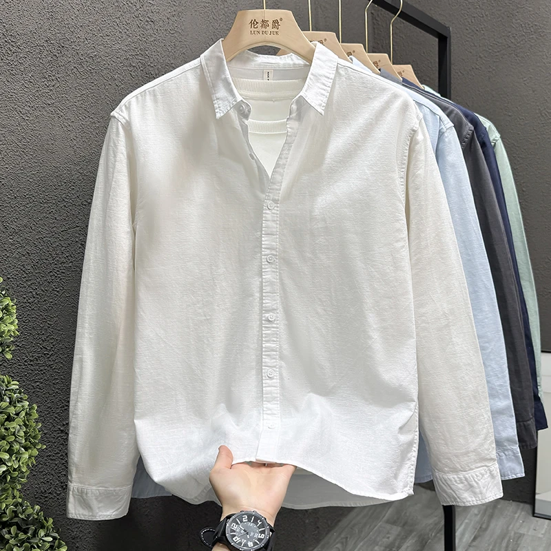 高级感简约商务纯白色衬衫男士2025新款爆款洋气高端棉麻男装上衣