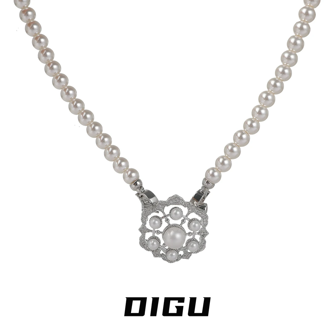 嘀咕家 铜合金仿珍珠项链 法式花朵珍珠项链女秋冬双层叠戴毛衣链