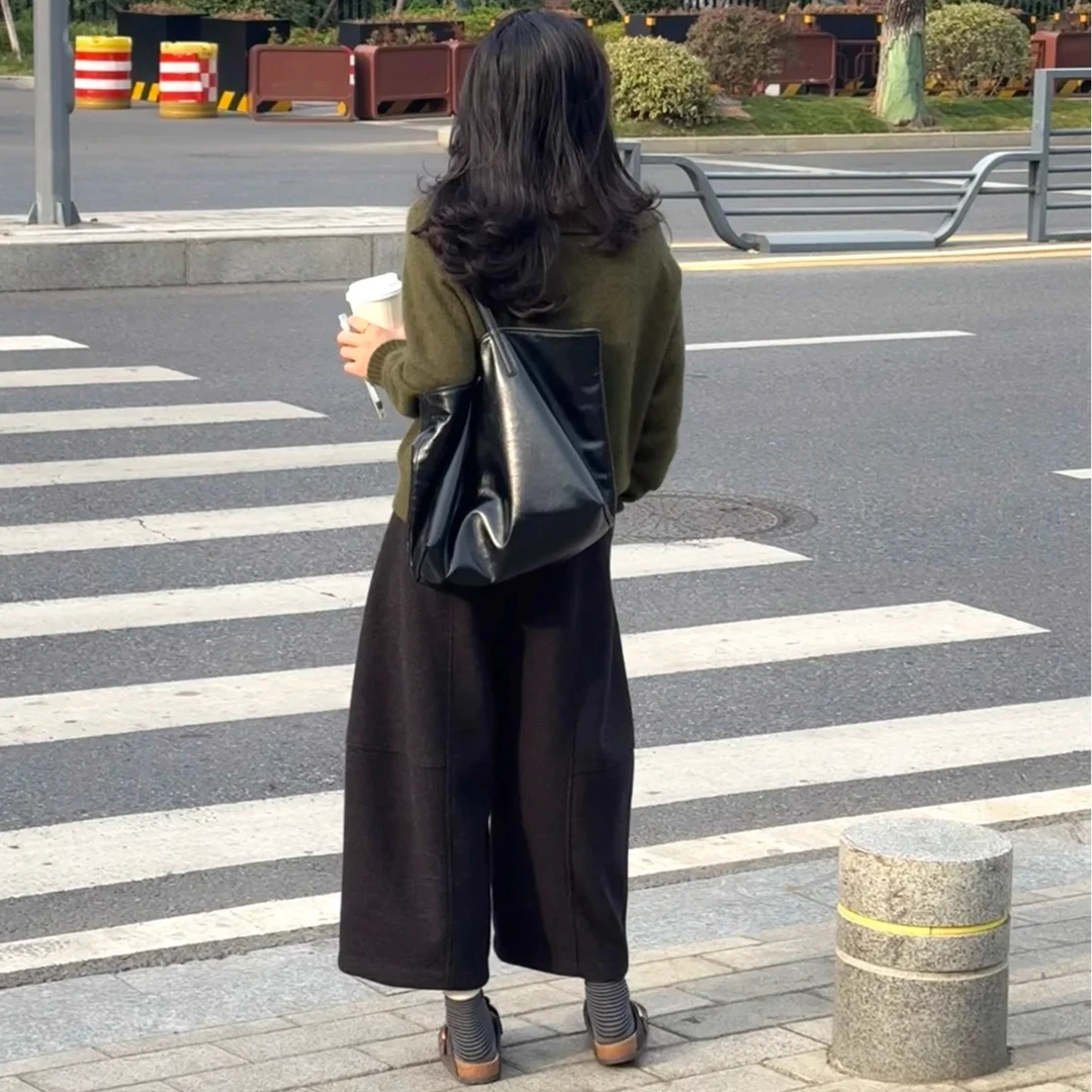 灰色八分毛呢裤女小个子加绒加厚弯刀裤大码胖mm巨显瘦休闲阔腿裤