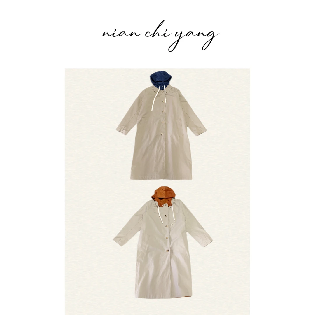 [2025]春季新款缪家撞色双面长款连帽风衣外套LB1596