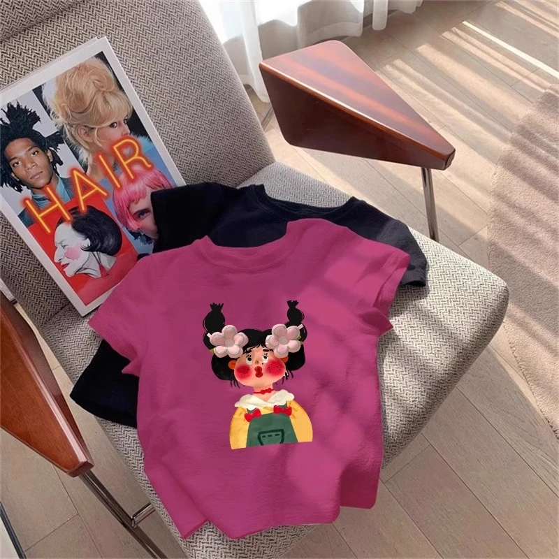 2025新款美式正肩显瘦玫粉色卡通短袖t恤女夏季短款设计感上衣潮