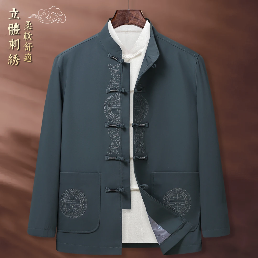爷爷门襟刺绣衣服中老年人夹克唐装上衣男士外套中国风爸爸秋冬季