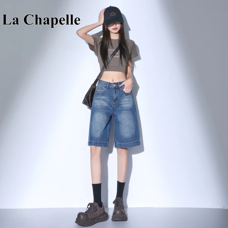 拉夏贝尔美式复古五分牛仔短裤女夏季高腰宽松阔腿显瘦直筒中裤子