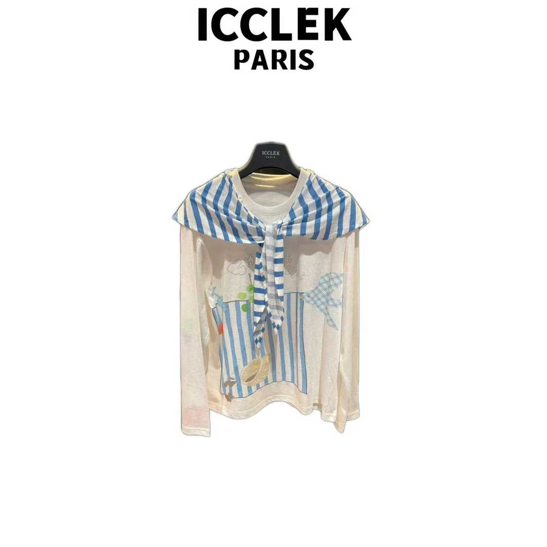 ICCLEK 白色卡通条纹披肩长袖针织开衫气质轻奢名媛百搭 - 9057