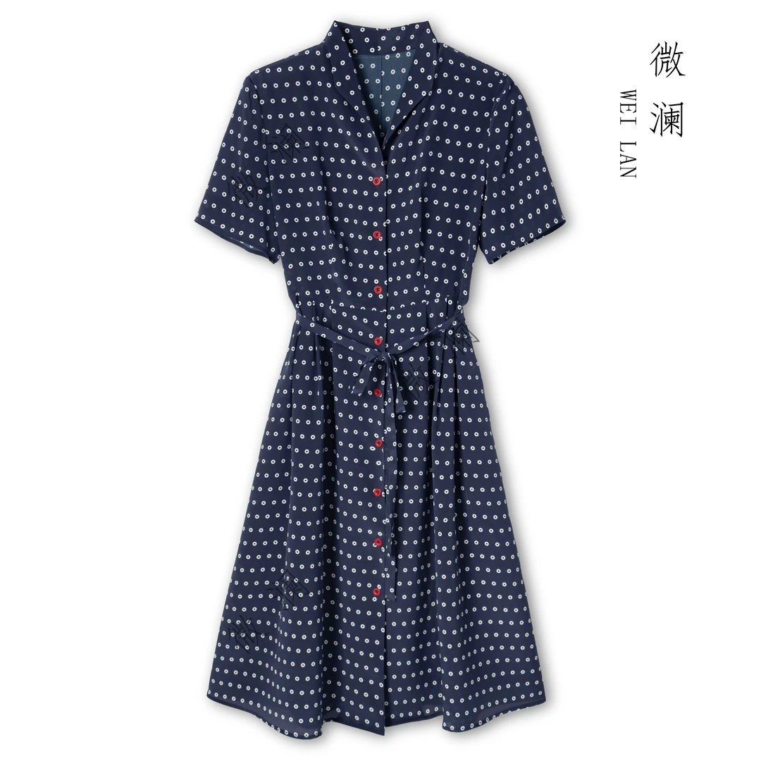 【幽蓝星芒】100桑蚕丝显瘦气质时尚收腰夏季翻领连衣裙DL5399