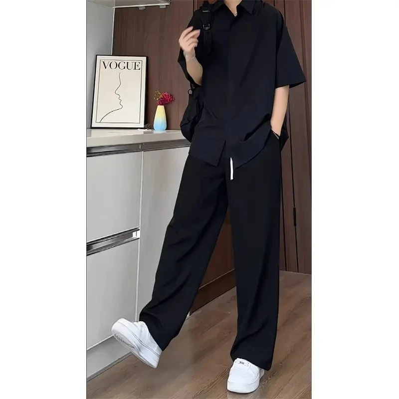 黑色冰丝速干男夏季薄款痞帅高级感垂感衬衫裤子搭配帅气潮流夏季