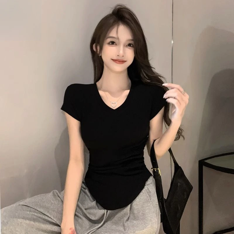 女款黑色V领短袖T恤女夏季弧形下摆紧身上衣冰丝亲肤面料外出通勤