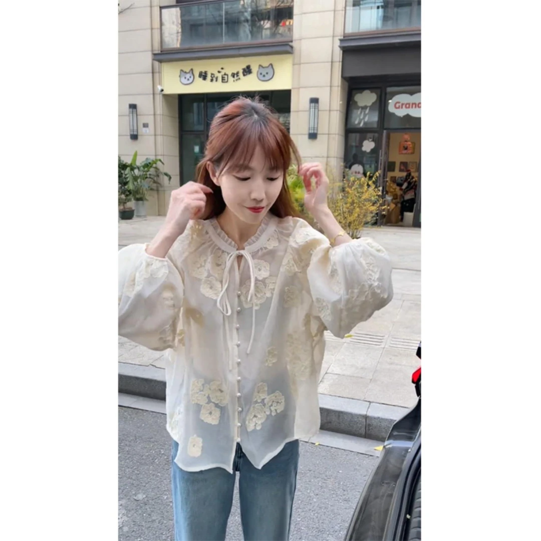 早春款！设计绝美精致钩花透感绑带衬衣长袖衬衫宽松微透绑带上衣