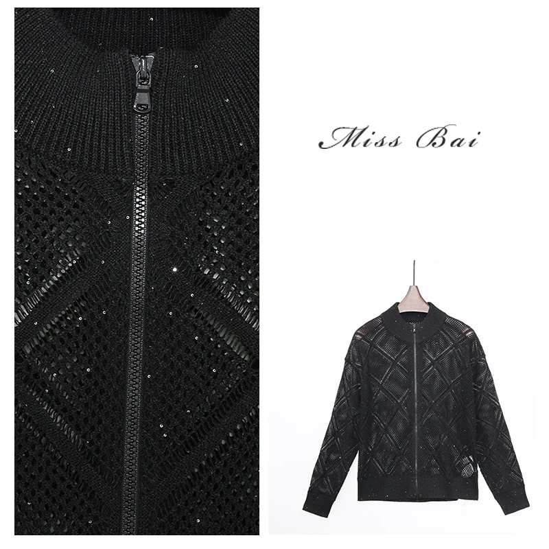 YIWEN-高级感镂空设计拉链针织开衫KSY032