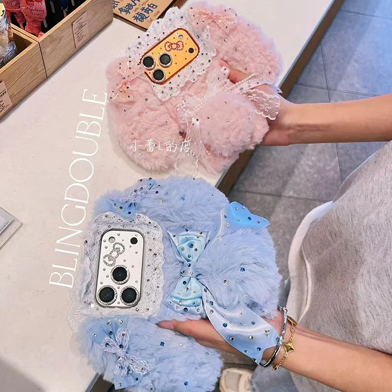 洛丽塔毛绒水钻小狗狗毛绒蝴蝶结手机壳ins适用16pro苹果17promax