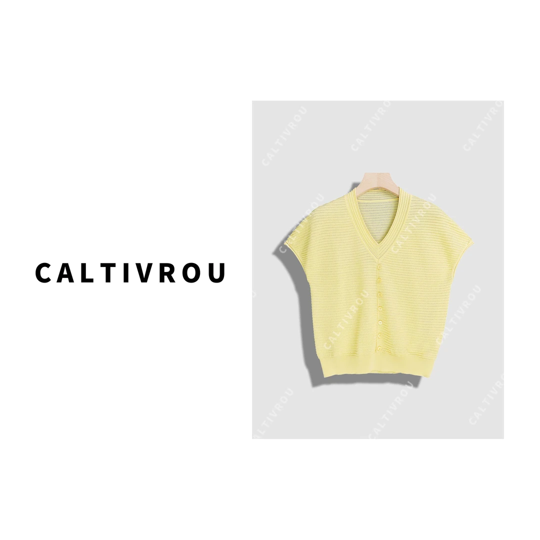Caltivrou【蕊蕊】百搭V领镂空短袖针织T恤-Y17215