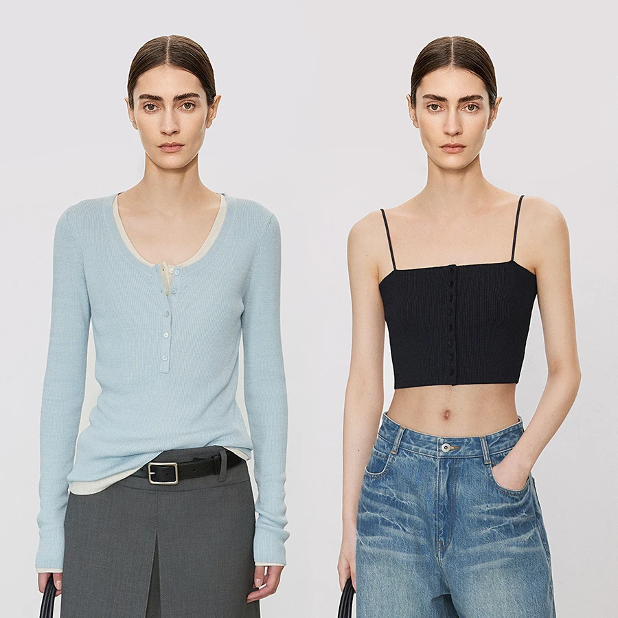 CHICJOC限量轻盈裸感 ClenFit百搭小排扣吊带/亨利大圆领上衣