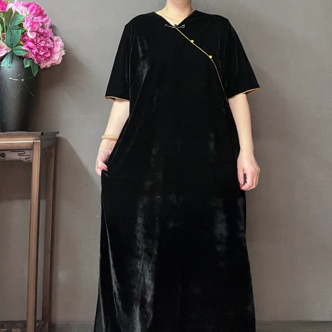 三姐家新中式早秋彩色边牙V领连衣裙