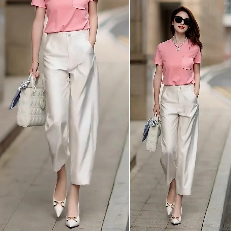 拉夏贝尔女2025新款春夏季薄西装裤百搭直筒裤宽松显瘦哈伦镰刀裤
