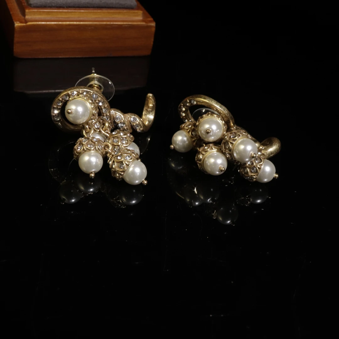 合金琉璃耳饰 耳环金色中古复古牛角珠珠耳饰