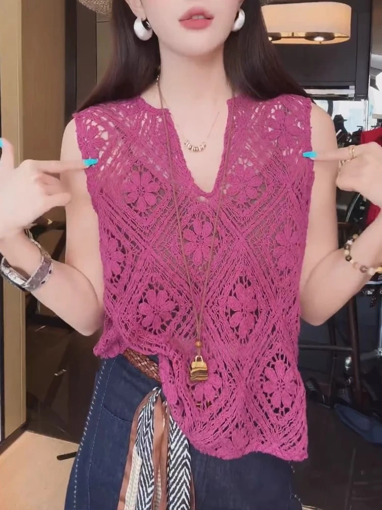 玫紫色钩花镂空针织马甲女夏季新款薄款罩衫宽松v领高级感上衣ins