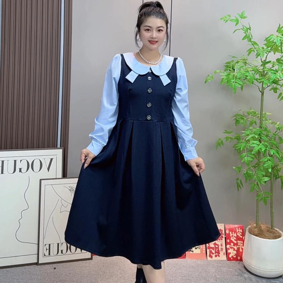 佳奇家5048娃娃领秋季长袖拼接大码连衣裙复古学院风女
