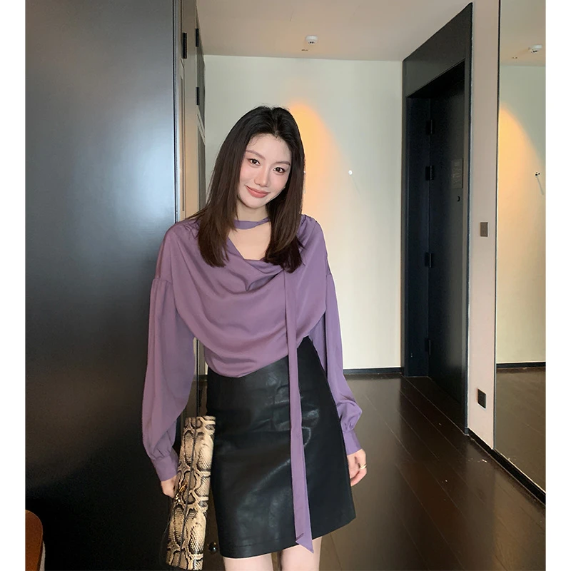 【ALONE SAVOR】龍喜儿粉黛之韵 早秋轻熟V领长袖天丝衬衫Z001