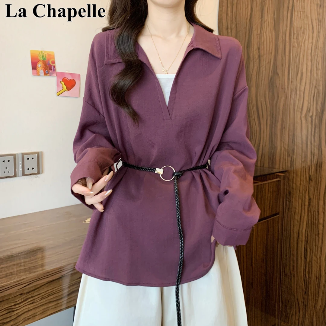 拉夏贝尔2025大码女装韩版洋气上衣秋季假两件设计感V领正肩衬衫