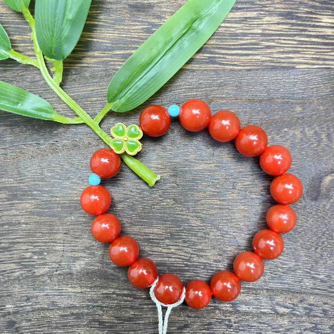 民国 锦红玛瑙  卡10 四叶草配饰 珠光 手串 YZ0686［燕赵造物司］