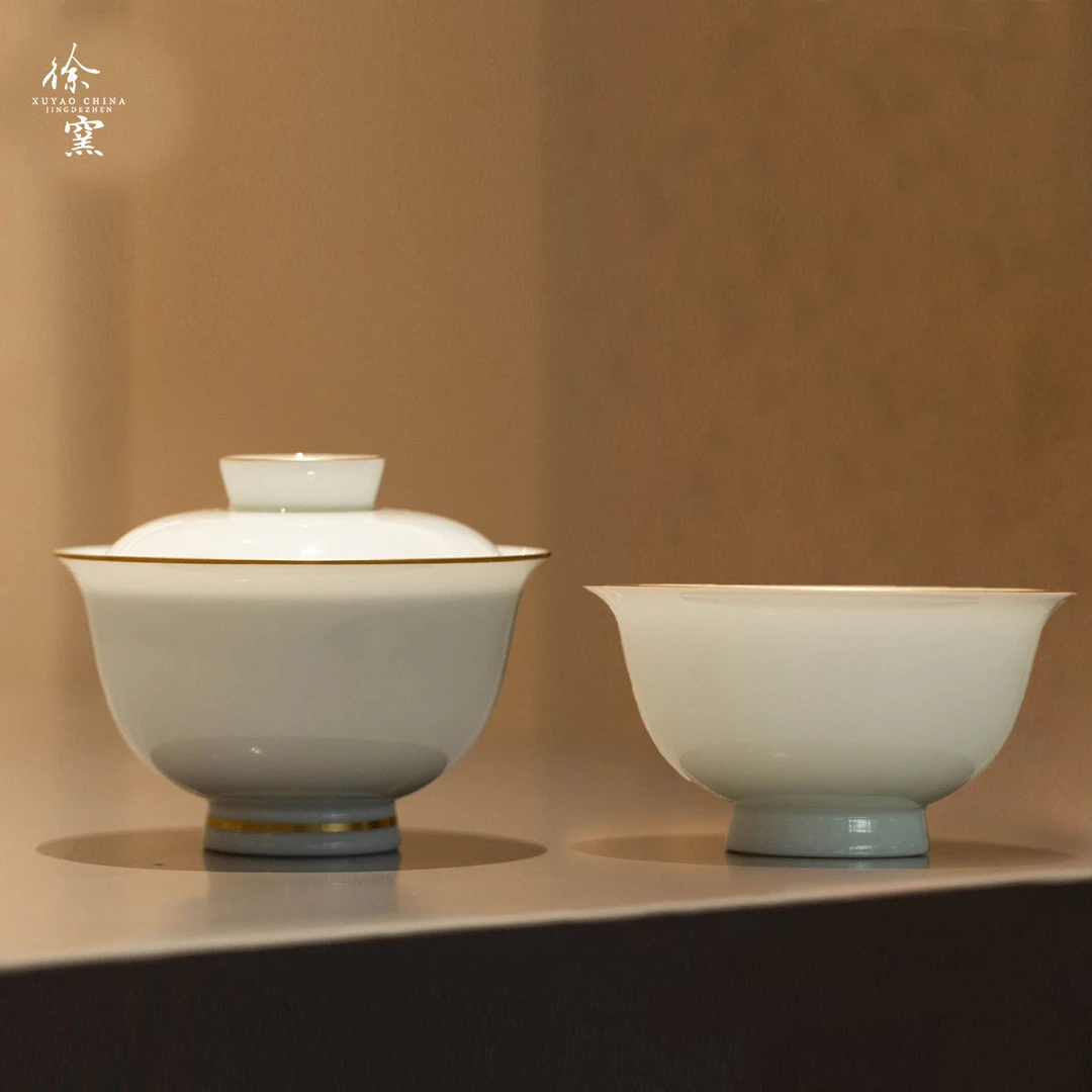 徐窑  金镶玉茶器套组  一盖碗一杯  全手工景德镇描金粉彩世家