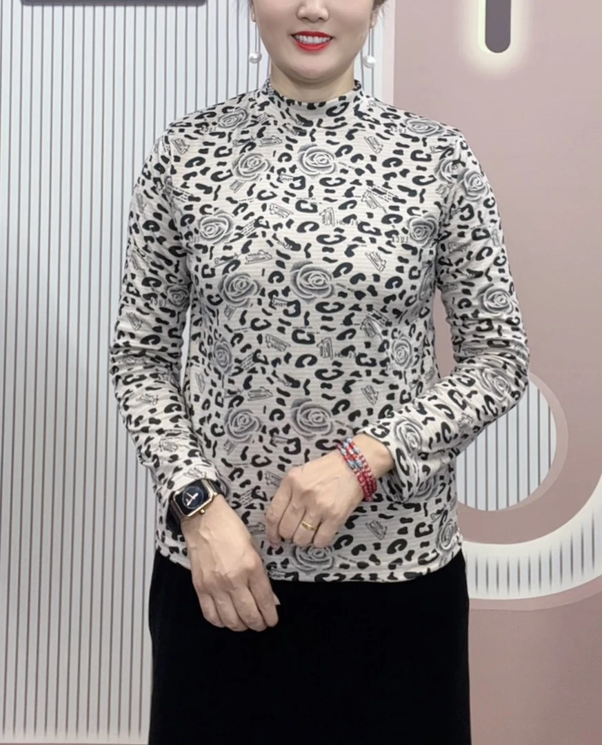 半高领长袖抗皱女修身型耐磨T恤百搭豹纹秋冬针织百搭款小衫