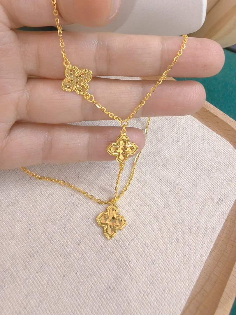 足金999三花四叶草同款黄金套链时尚百搭黄金首饰足金项链I115