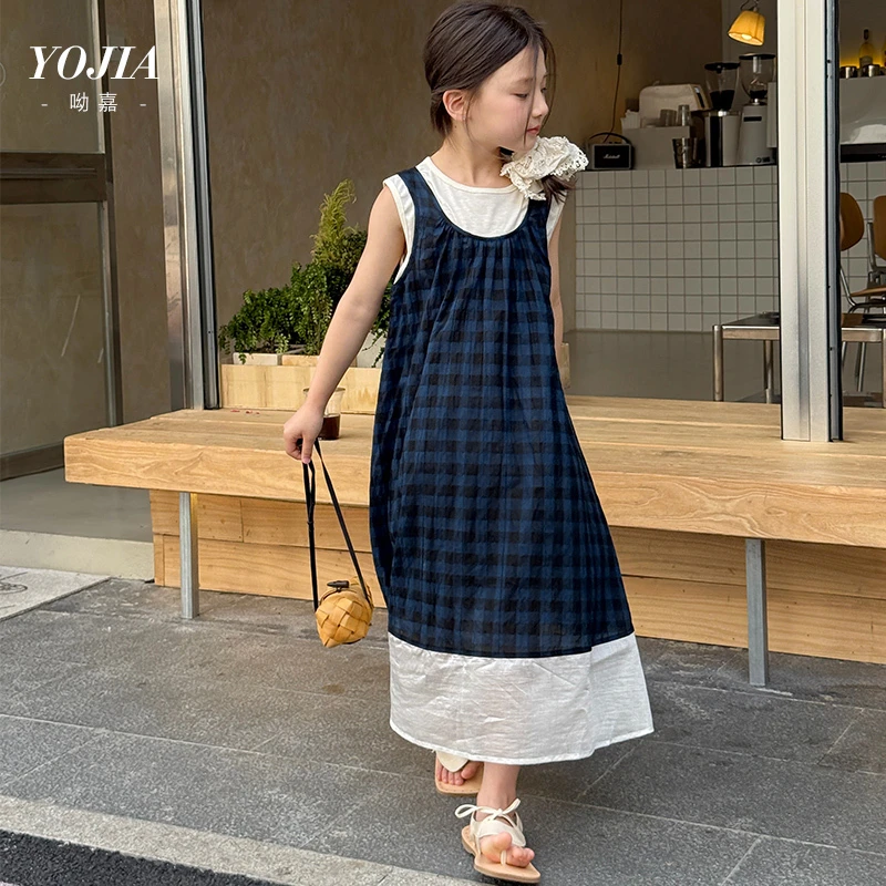 YOJIA女童假两件连衣裙夏装2025新款洋气甜美女孩公主裙儿童裙子
