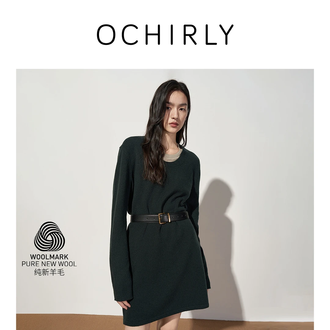 【Woolmark认证】OCHIRLY欧时力 100%羊毛U领毛织连衣裙2025秋新
