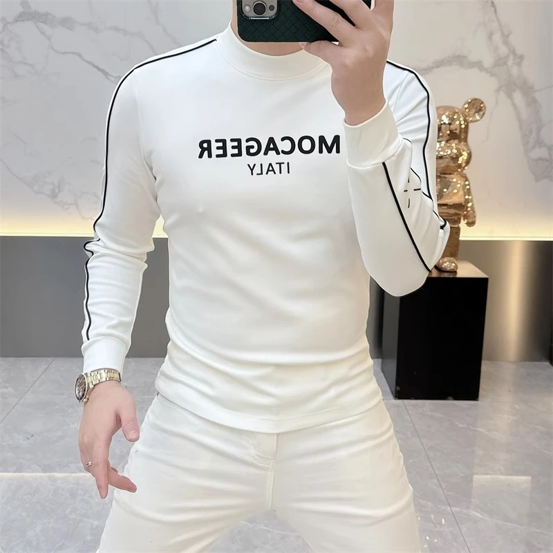 2024新款欧货秋冬男士T恤山羊绒加厚圆领修身印花打底衫潮9819