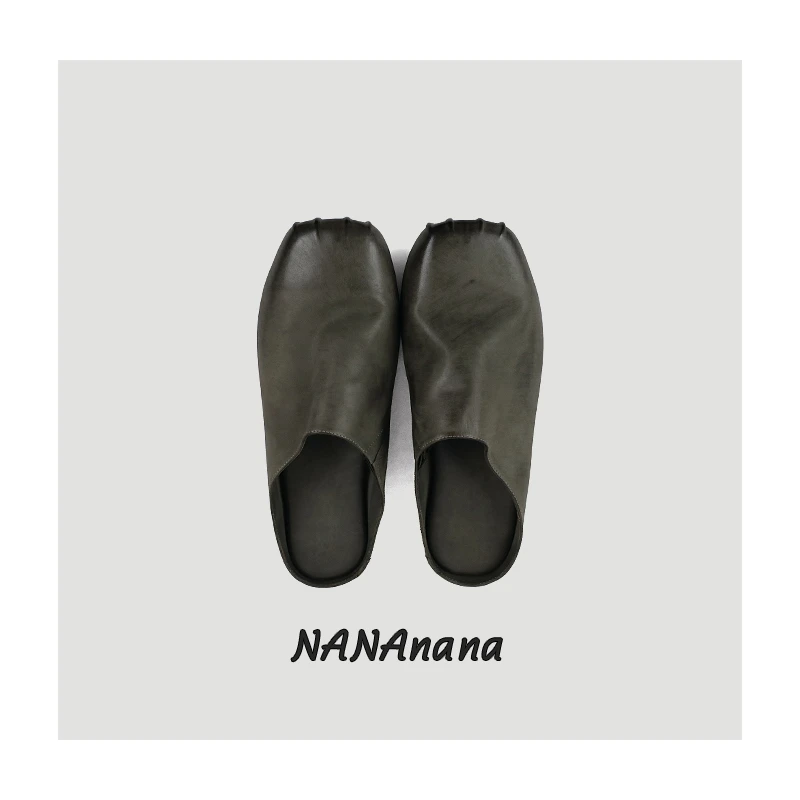 水洗马皮缩纹擦色脏脏猪鼻穆勒拖真皮大底外穿半拖