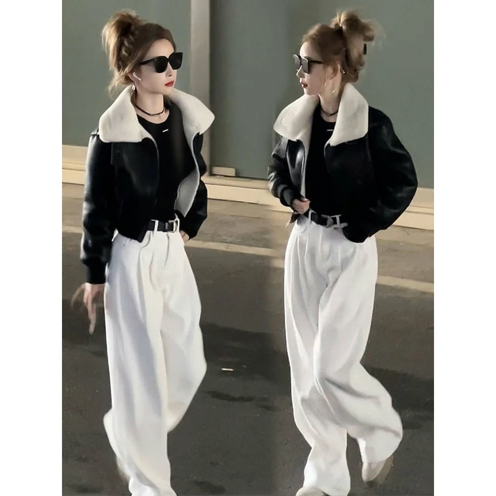 时尚酷飒高级感套装女2024冬季复古短款夹克外套加绒阔腿裤
