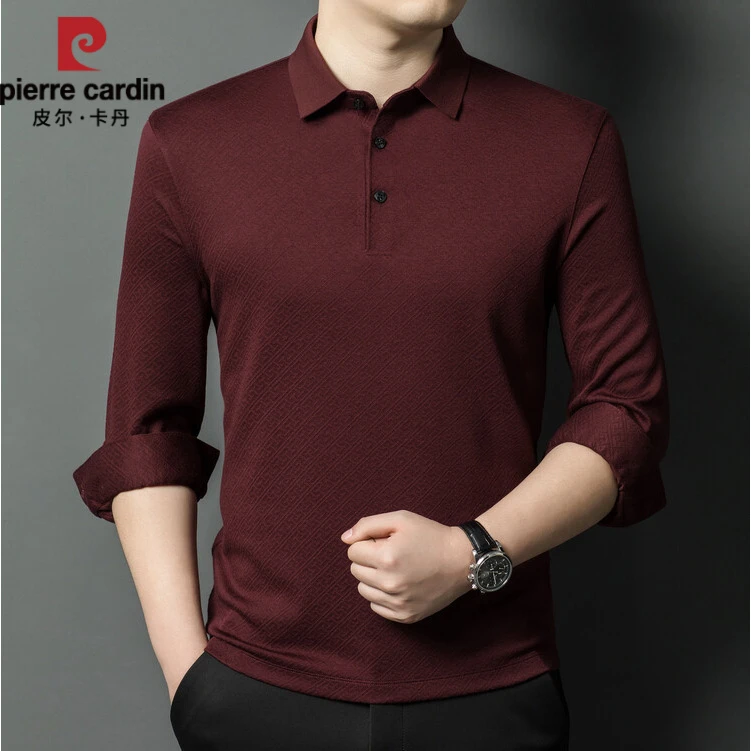 皮尔卡丹男士高端商务休闲羊毛长袖打底POLO衫柔软亲肤纯色面料