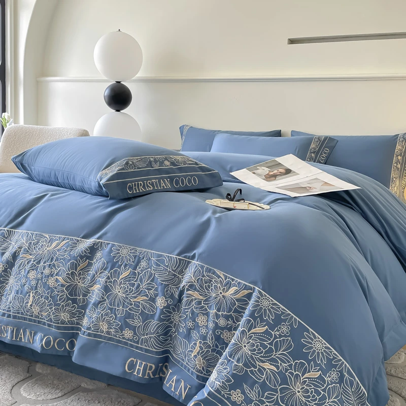 四季款A类全棉四件套轻奢简约刺绣贡缎新疆长绒棉纯色床上用品