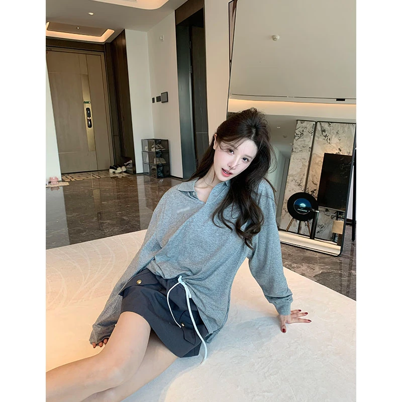 韩系POLO领宽松薄款长袖T恤女夏季简约百搭高腰直筒休闲短裙套装