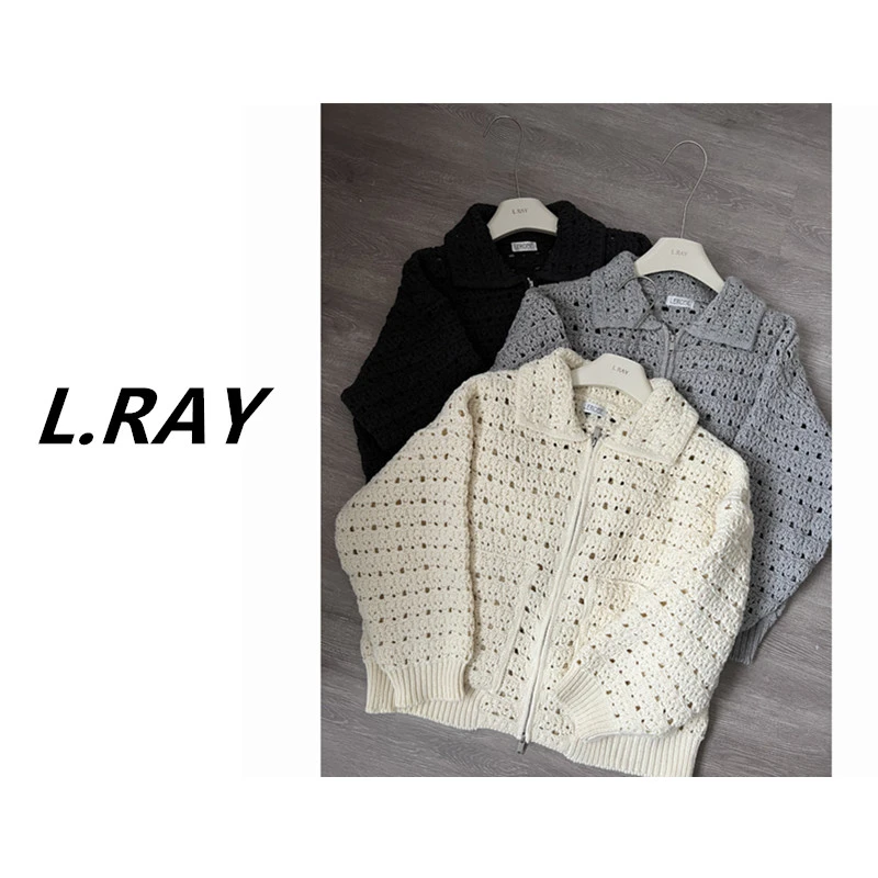 L.RAY-羊毛手工镂空钩花翻领拉链毛衣外套女加厚上衣