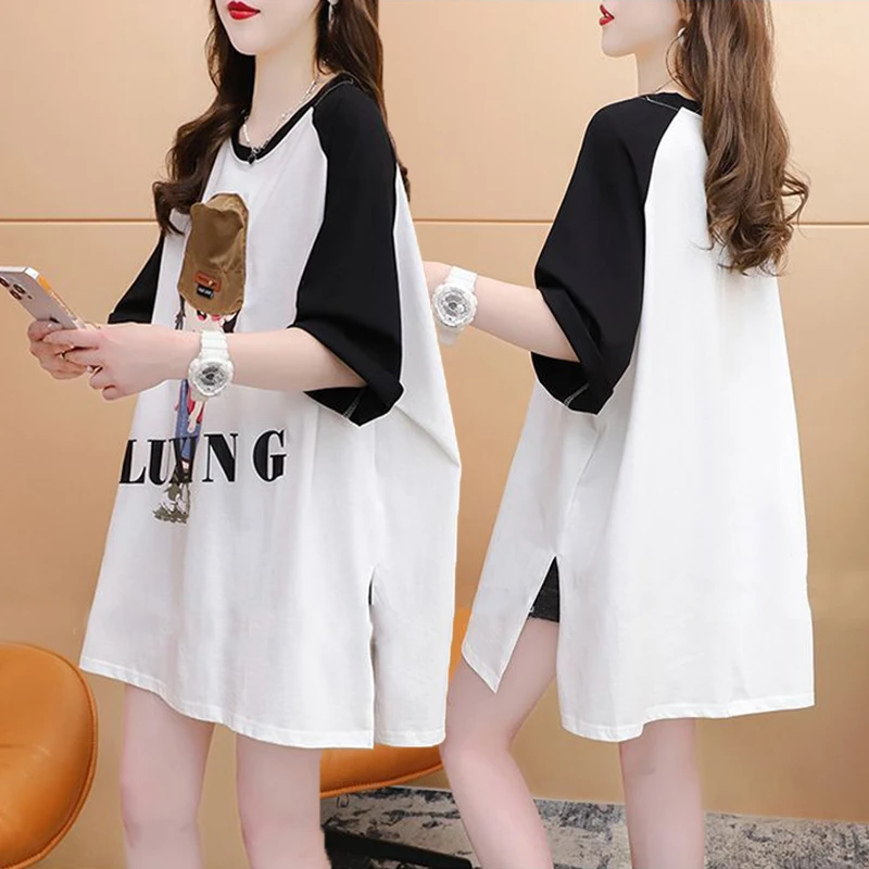 拼色开叉设计感纯棉短袖T恤女夏季新款韩版宽松百搭减龄半袖上衣