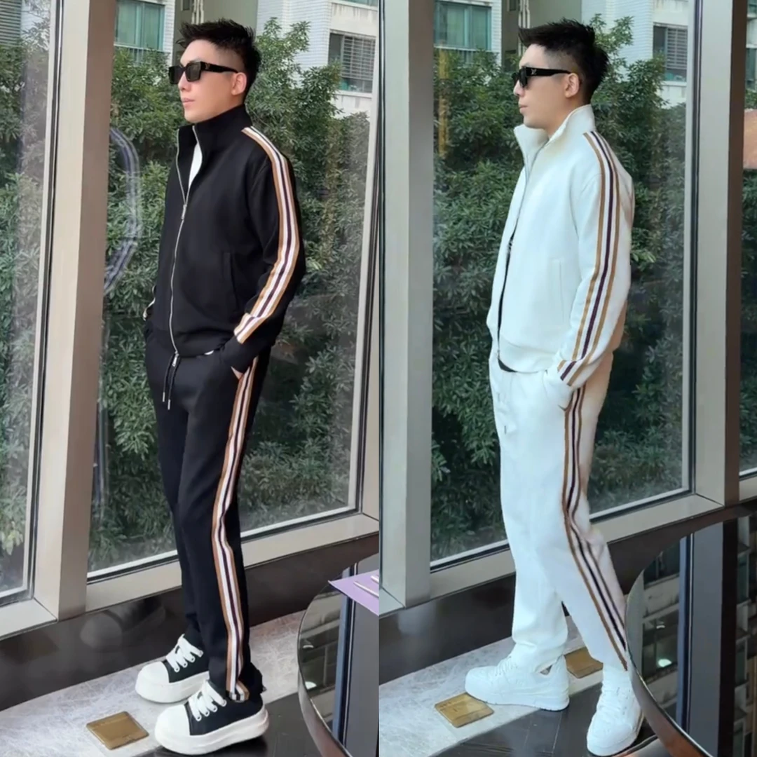 秋季新款潮牌条杠设计感户外休闲运动套装男士轻奢帅气立领卫衣套