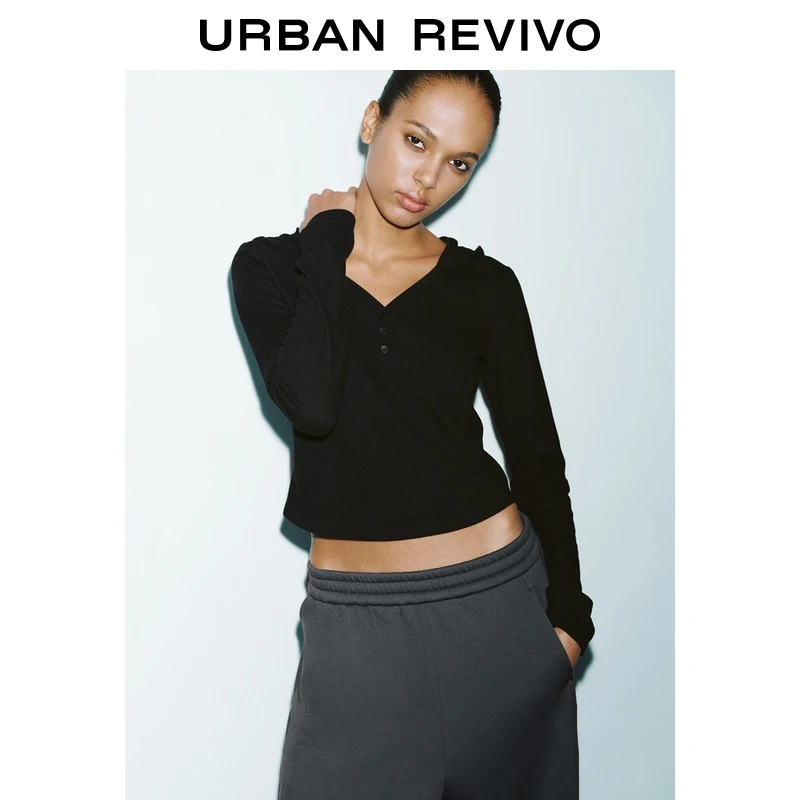 UR2025秋季新款女装简约日常运动连帽纽扣修身T恤UYY450264+