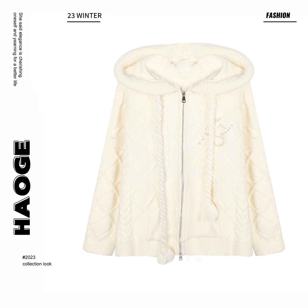 欣儿优选●小香风宽松休闲长袖开衫拉链门襟连帽毛衣D3MY9058A