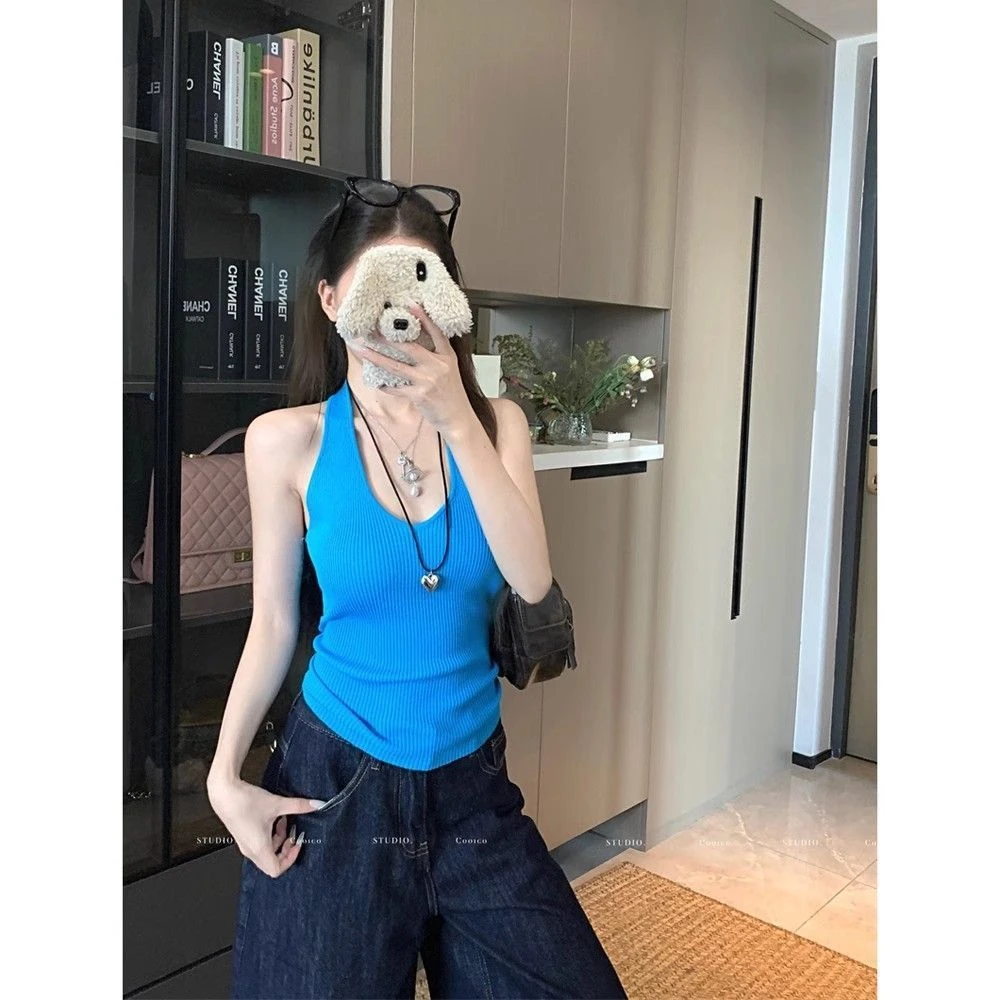 2025年百搭春夏新款辣妹复古V领露背针织挂脖背心修身无袖显瘦上