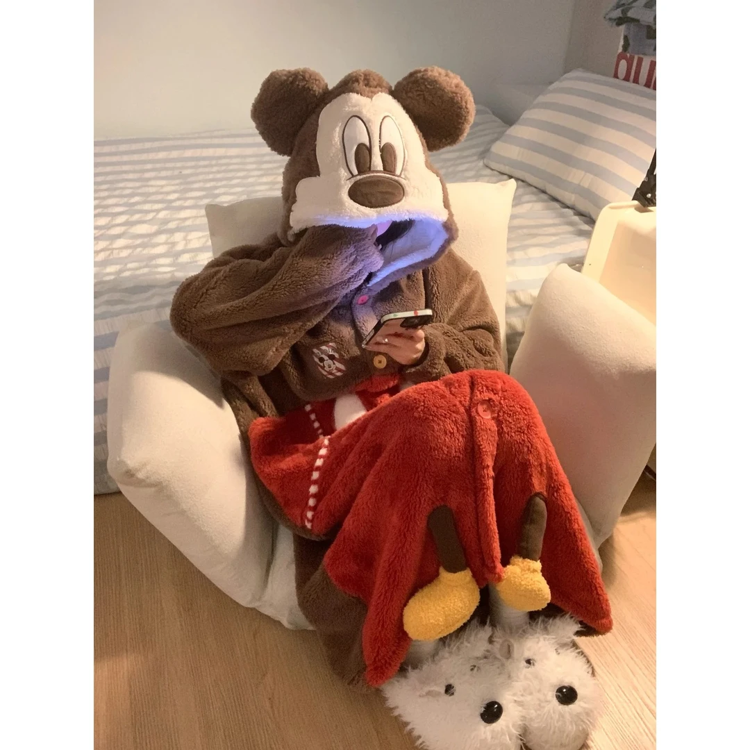 【DMXJ大梦想家】可爱米奇连帽睡袍珊瑚绒睡衣女秋冬新款保暖家居服