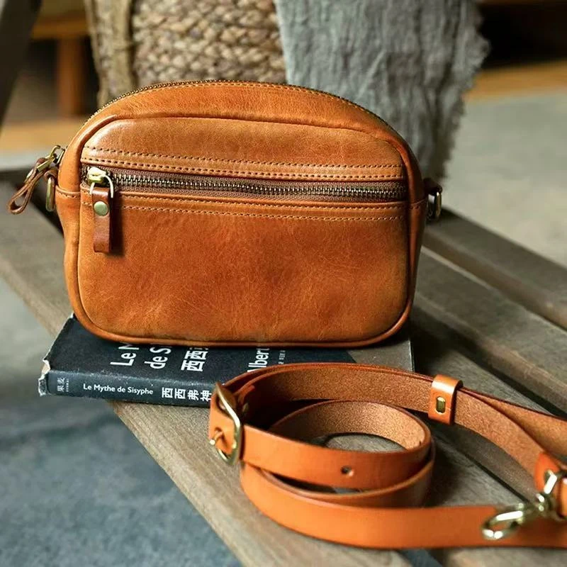 植鞣牛皮重水洗旧化油润质感小方包真皮单肩斜挎包男女通用