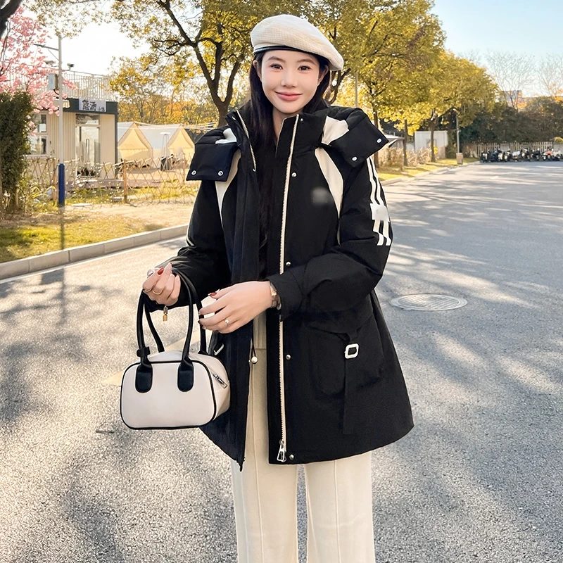 冲锋衣加棉新款减龄设计感撞色工装中长款宽松显瘦连帽外套棉衣女