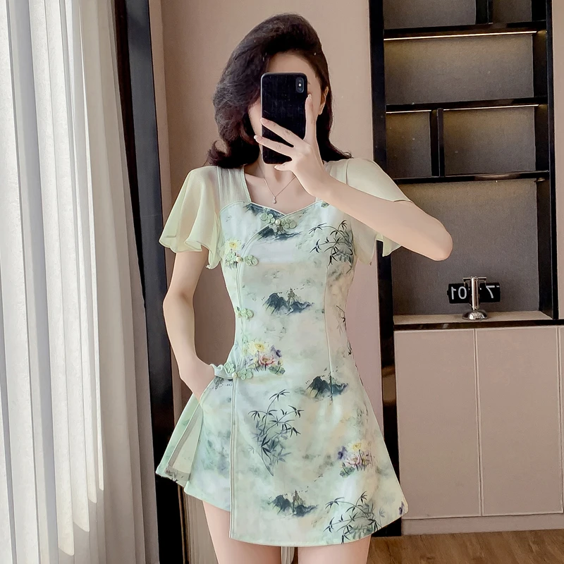 2025夏新款新中式改良旗袍套装中国风时尚甜美连衣裙短裤两件套